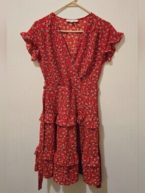 Red Floral Summer Dress with Ruffle Tiers